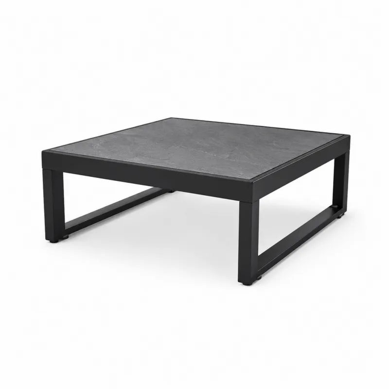 Stół ogrodowy metalowy z blatem ceramicznym 90x90x35 cm czarny