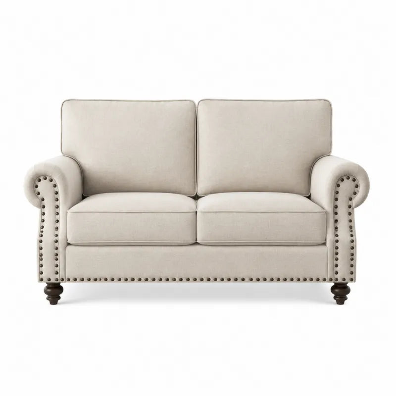 Sofa dwuosobowa lniana kremowa z nitami 150x90x85 cm
