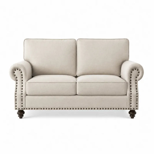 Sofa dwuosobowa lniana kremowa z nitami 150x90x85 cm