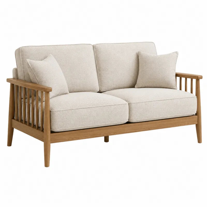 Sofa dwuosobowa z drewnianą ramą i beżową tkaniną