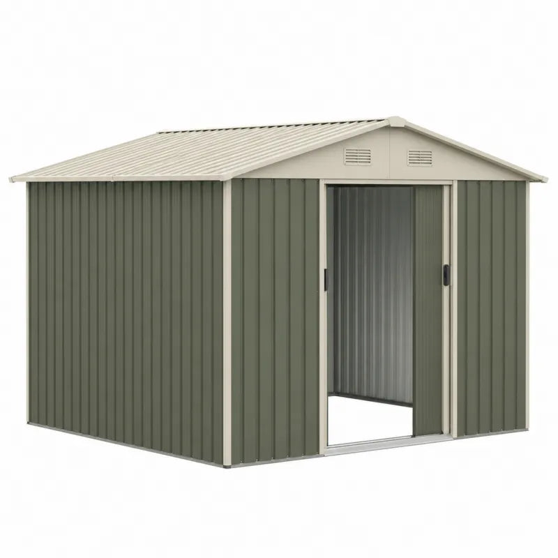 Metalowy domek ogrodowy z przesuwanymi drzwiami, stal ocynkowana, 257x205x178 cm, zielony