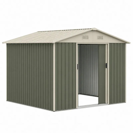 Metalowy domek ogrodowy z przesuwanymi drzwiami, stal ocynkowana, 257x205x178 cm, zielony