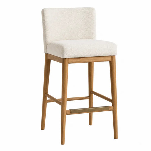Stołek barowy z drewna dębowego i tkaniny bouclé, biały, 105 cm